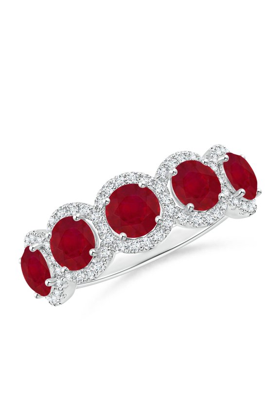 Natural Half Eternity Five-Stone 2.2 ct Ruby Halo Ring in 14K White Gold for Women (Size-4.5mm) | July Birthstone Jewelry for Her