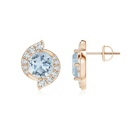 ANGARA Natural Round 2.24 ct Aquamarine and Diamond Swirl Stud Earrings in 14K Rose Gold for Women (Size-7mm) | March Birthstone, Anniversary, Jewelry Gift for Women | Natural Aquamarine Earrings