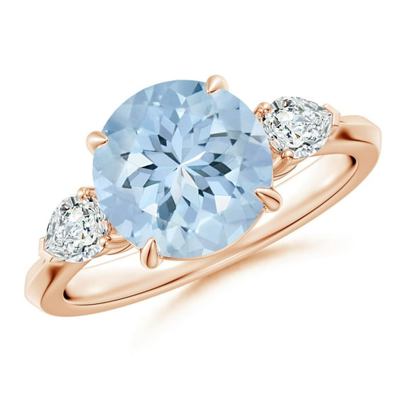 ANGARA Natural Round 2.3 ct Aquamarine and Diamond Three Stone Engagement Ring in 14K Rose Gold for Women (Size-9mm) | March Birthstone, Anniversary, Jewelry Gift for Women | Natural Aquamarine Ring