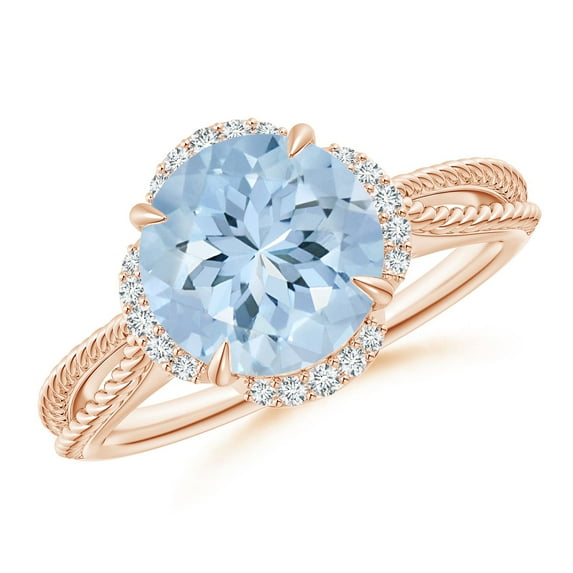 ANGARA Natural Round 2.3 ct Aquamarine Rope Pattern Split Shank Cocktail Ring in 14K Rose Gold for Women (Size-9mm) | March Birthstone, Anniversary, Jewelry Gift for Women | Natural Aquamarine Ring