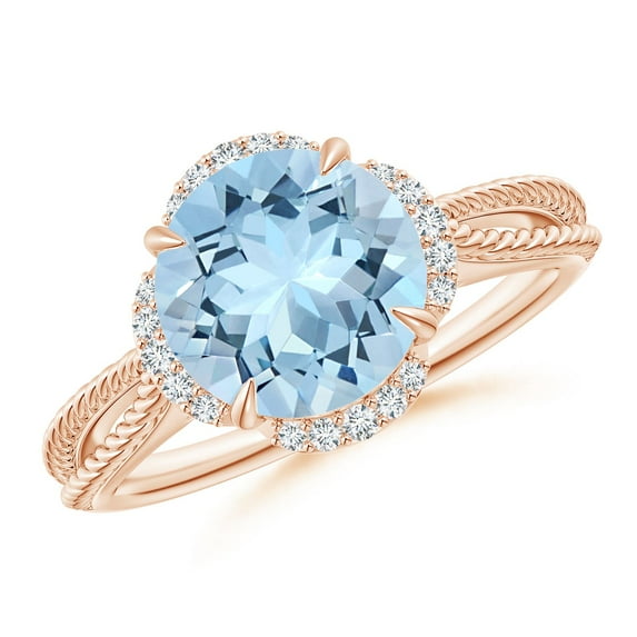 ANGARA Natural Round 2.3 ct Aquamarine Rope Pattern Split Shank Cocktail Ring in 14K Rose Gold for Women (Size-9mm) | March Birthstone, Anniversary, Jewelry Gift for Women | Natural Aquamarine Ring