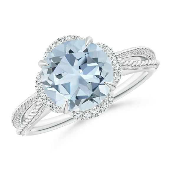 ANGARA Natural Round 2.3 ct Aquamarine Rope Pattern Split Shank Cocktail Ring in 14K White Gold for Women (Size-9mm) | March Birthstone, Anniversary, Jewelry Gift for Women | Natural Aquamarine Ring
