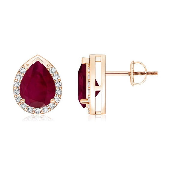 ANGARA Natural Pear-Shaped 2.3 ct Ruby Stud Earrings with Diamond Halo in 14K Rose Gold for Women (Size-8x6mm) | July Birthstone, Birthday, Anniversary, Jewelry Gift for Women | Natural Ruby Earrings