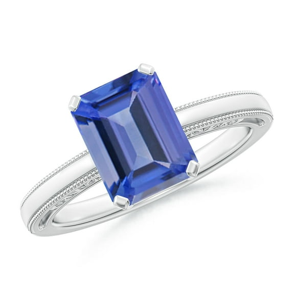 ANGARA Natural Emerald Cut 2.4 ct Tanzanite Solitaire Ring with Milgrain in 14K White Gold for Women (Size-9x7mm) | December Birthstone, Anniversary, Jewelry Gift for Women | Natural Tanzanite Ring