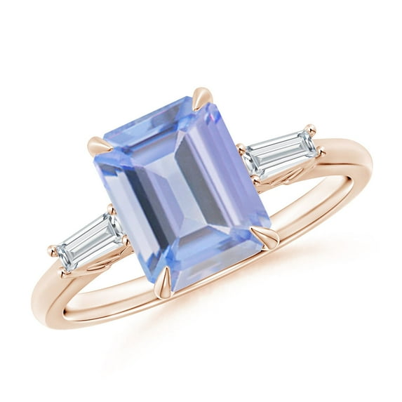ANGARA Natural 2.4 ct Tanzanite & Baguette Diamond Three Stone Ring in 14K Rose Gold for Women (Size-9x7mm) | December Birthstone, Anniversary, Jewelry Gift for Women | Natural Tanzanite Ring