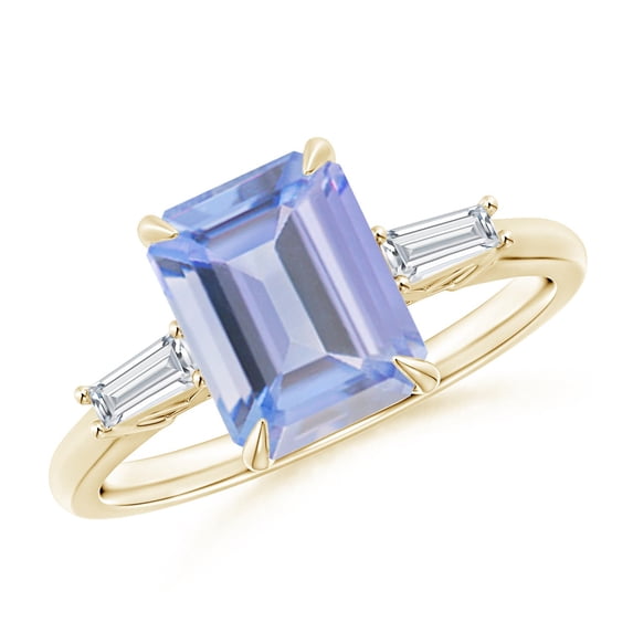 ANGARA Natural 2.4 ct Tanzanite & Baguette Diamond Three Stone Ring in 14K Yellow Gold for Women (Size-9x7mm) | December Birthstone, Anniversary, Jewelry Gift for Women | Natural Tanzanite Ring