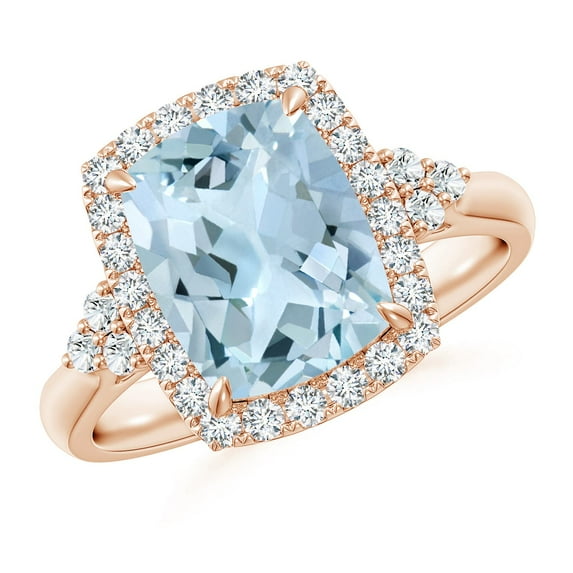 ANGARA Natural Cushion 2.45 ct Aquamarine Halo Ring with Trio Diamonds in 14K Rose Gold for Women (Size-10x8mm) | March Birthstone, Anniversary, Jewelry Gift for Women | Natural Aquamarine Ring
