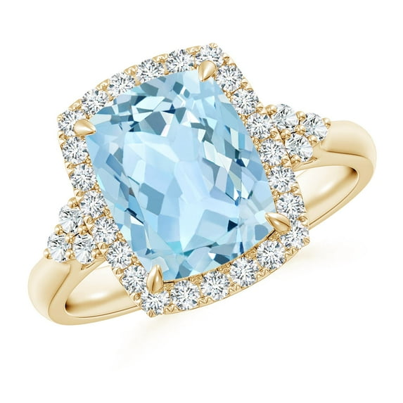 ANGARA Natural Cushion 2.45 ct Aquamarine Halo Ring with Trio Diamonds in 14K Yellow Gold for Women (Size-10x8mm) | March Birthstone, Anniversary, Jewelry Gift for Women | Natural Aquamarine Ring