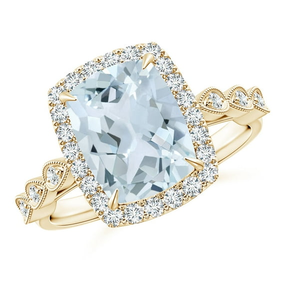 ANGARA Natural Cushion 2.45 ct Aquamarine Halo Ring with Marquise Motifs in 14K Yellow Gold for Women (Size-10x8mm) | March Birthstone, Anniversary, Jewelry Gift for Women | Natural Aquamarine Ring