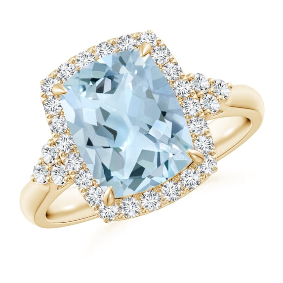 ANGARA Natural Cushion 2.45 ct Aquamarine Halo Ring with Trio Diamonds in 14K Yellow Gold for Women (Size-10x8mm) | March Birthstone, Anniversary, Jewelry Gift for Women | Natural Aquamarine Ring
