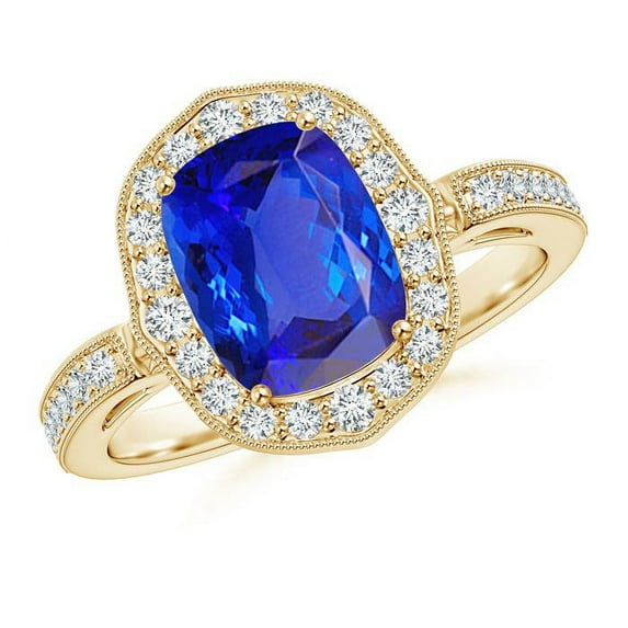 ANGARA Natural Cushion 2.45 ct Tanzanite Halo Ring in 14K Yellow Gold for Women (Size-9x7mm) | December Birthstone, Birthday, Anniversary, Jewelry Gift for Women | Natural Tanzanite Ring