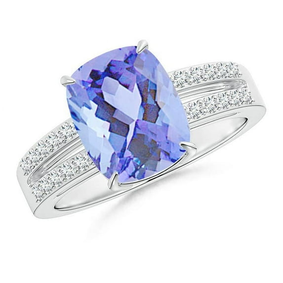 ANGARA Natural Cushion 2.6 ct Tanzanite Split Shank Ring with Diamonds in 14K White Gold for Women (Size-10x8mm) | December Birthstone, Anniversary, Jewelry Gift for Women | Natural Tanzanite Ring