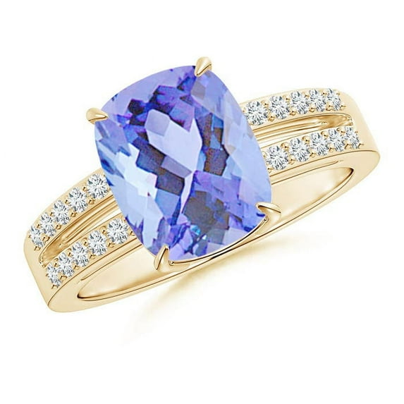 ANGARA Natural Cushion 2.6 ct Tanzanite Split Shank Ring with Diamonds in 14K Yellow Gold for Women (Size-10x8mm) | December Birthstone, Anniversary, Jewelry Gift for Women | Natural Tanzanite Ring