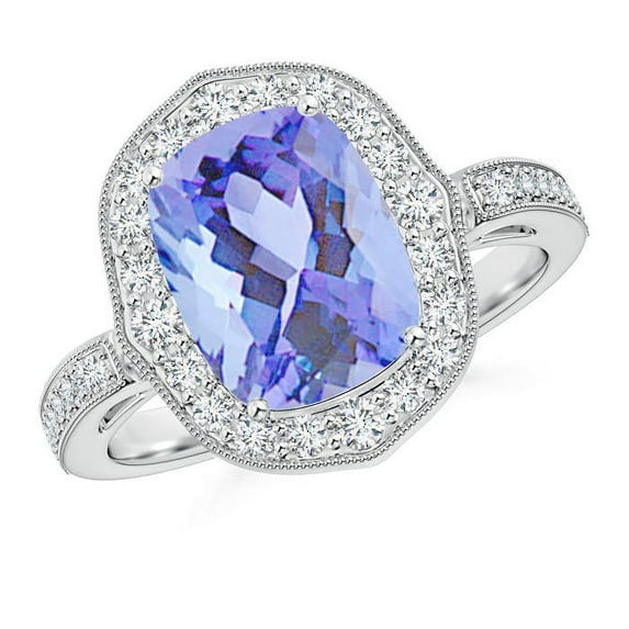 ANGARA Natural Cushion 2.6 ct Tanzanite Halo Ring in 14K White Gold for Women (Size-10x8mm) | December Birthstone, Birthday, Anniversary, Jewelry Gift for Women | Natural Tanzanite Ring