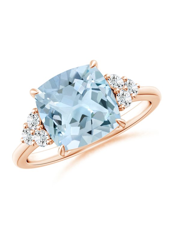 Natural Cushion 2.7 ct Aquamarine Engagement Ring with Trio Diamonds in 14K Rose Gold for Women (Size-9mm) | March Birthstone, Anniversary, Jewelry Gift for Women | Natural Aquamarine Ring