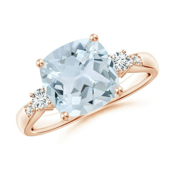 ANGARA Natural Cushion 2.7 ct Aquamarine Solitaire Ring with Diamond Accents in 14K Rose Gold for Women (Size-9mm) | March Birthstone, Anniversary, Jewelry Gift for Women | Natural Aquamarine Ring