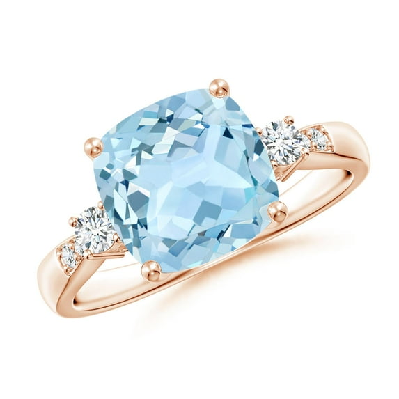 ANGARA Natural Cushion 2.7 ct Aquamarine Solitaire Ring with Diamond Accents in 14K Rose Gold for Women (Size-9mm) | March Birthstone, Anniversary, Jewelry Gift for Women | Natural Aquamarine Ring