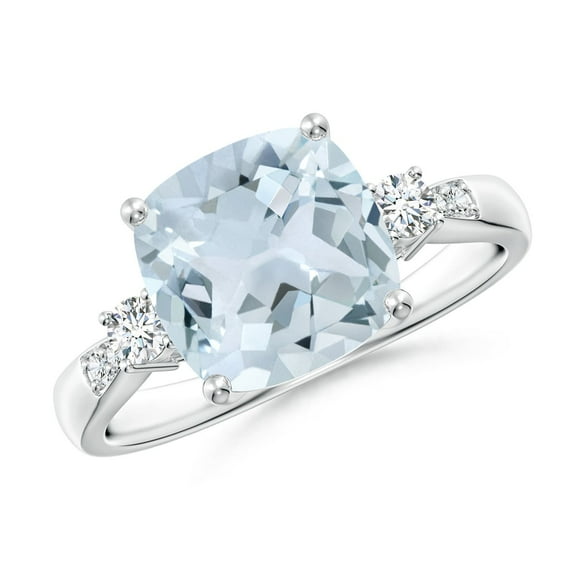 ANGARA Natural Cushion 2.7 ct Aquamarine Solitaire Ring with Diamond Accents in 14K White Gold for Women (Size-9mm) | March Birthstone, Anniversary, Jewelry Gift for Women | Natural Aquamarine Ring