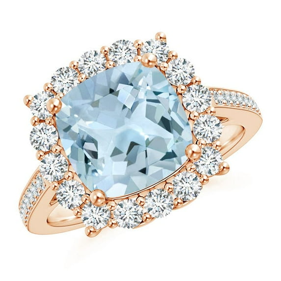 ANGARA Natural Cushion 2.7 ct Aquamarine Engagement Ring with Diamond Halo in 14K Rose Gold for Women (Size-9mm) | March Birthstone, Anniversary, Jewelry Gift for Women | Natural Aquamarine Ring