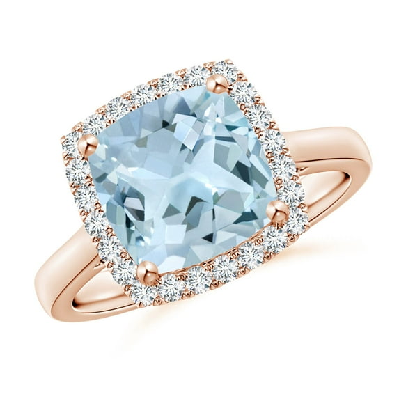 ANGARA Natural Classic Cushion 2.7 ct Aquamarine Halo Engagement Ring in 14K Rose Gold for Women (Size-9mm) | March Birthstone, Birthday, Anniversary, Jewelry Gift for Women | Natural Aquamarine Ring