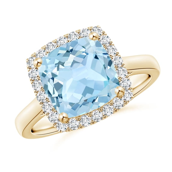 ANGARA Natural Classic Cushion 2.7 ct Aquamarine Halo Engagement Ring in 14K Yellow Gold for Women (Size-9mm) | March Birthstone, Anniversary, Jewelry Gift for Women | Natural Aquamarine Ring