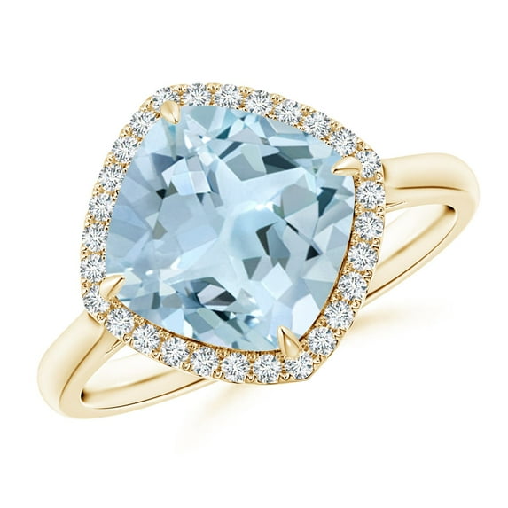 ANGARA Natural Claw-Set Cushion 2.7 ct Aquamarine Engagement Ring with Halo in 14K Yellow Gold for Women (Size-9mm) | March Birthstone, Anniversary, Jewelry Gift for Women | Natural Aquamarine Ring