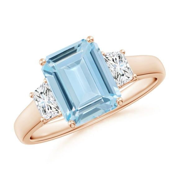 ANGARA Natural Three Stone 2 ct Aquamarine and Diamond Engagement Ring in 14K Rose Gold for Women (Size-9x7mm) | March Birthstone, Anniversary, Jewelry Gift for Women | Natural Aquamarine Ring
