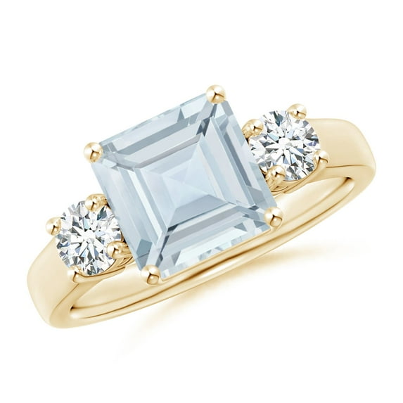 ANGARA Natural Square 2 ct Aquamarine and Diamond Three Stone Ring in 14K Yellow Gold for Women (Size-8mm) | March Birthstone, Anniversary, Jewelry Gift for Women | Natural Aquamarine Ring