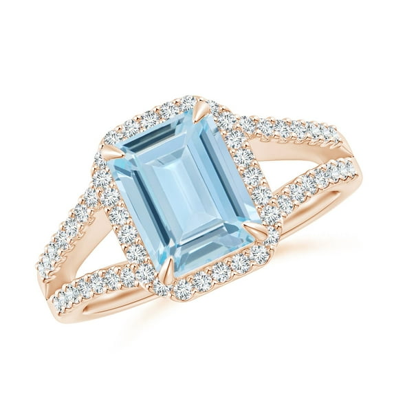 ANGARA Natural Emerald-Cut 2 ct Aquamarine Split Shank Halo Ring in 14K Rose Gold for Women (Size-9x7mm) | March Birthstone, Birthday, Anniversary, Jewelry Gift for Women | Natural Aquamarine Ring