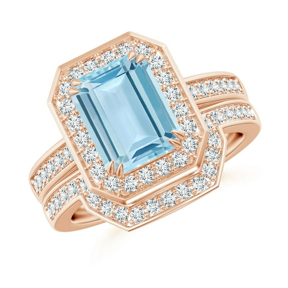 ANGARA Natural Emerald Cut 2 ct Aquamarine Bridal Ring Set with Diamond Ring in 14K Rose Gold for Women (Size-9x7mm) | March Birthstone, Anniversary, Jewelry Gift for Women | Natural Aquamarine Ring
