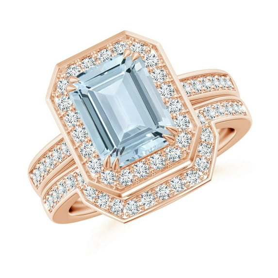 ANGARA Natural Emerald Cut 2 ct Aquamarine Bridal Ring Set with Diamond Ring in 14K Rose Gold for Women (Size-9x7mm) | March Birthstone, Anniversary, Jewelry Gift for Women | Natural Aquamarine Ring