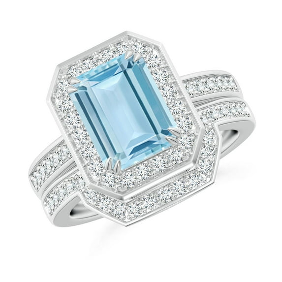 ANGARA Natural Emerald Cut 2 ct Aquamarine Bridal Ring Set with Diamond Ring in 14K White Gold for Women (Size-9x7mm) | March Birthstone, Anniversary, Jewelry Gift for Women | Natural Aquamarine Ring