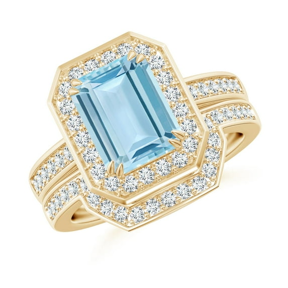 ANGARA Natural Emerald Cut 2 ct Aquamarine Bridal Ring Set with Diamond Ring in 14K Yellow Gold for Women (Size-9x7mm) | March Birthstone, Anniversary Jewelry Gift for Women | Natural Aquamarine Ring