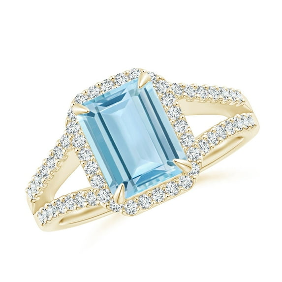 ANGARA Natural Emerald-Cut 2 ct Aquamarine Split Shank Halo Ring in 14K Yellow Gold for Women (Size-9x7mm) | March Birthstone, Birthday, Anniversary, Jewelry Gift for Women | Natural Aquamarine Ring