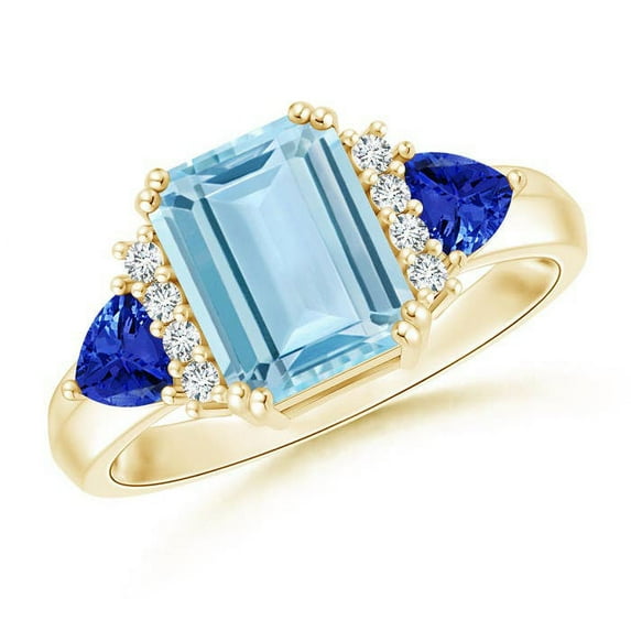 ANGARA Natural Emerald Cut 2 ct Aquamarine Trillion Tanzanite 3 Stone Ring in 14K Yellow Gold for Women (Size-9x7mm) | March Birthstone, Anniversary, Jewelry Gift for Women | Natural Aquamarine Ring