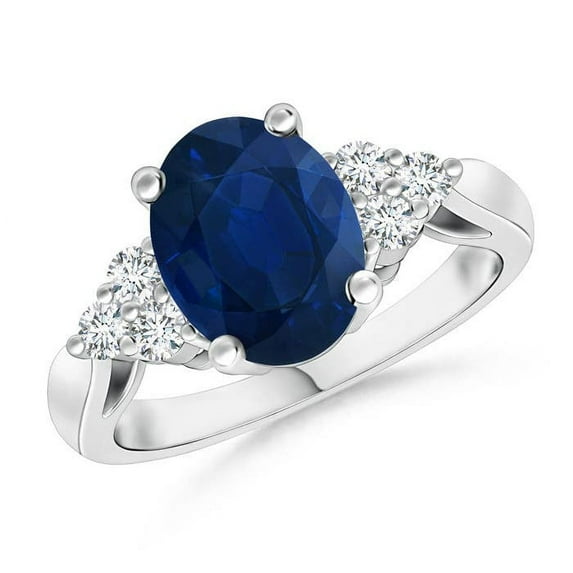 ANGARA Natural 2 ct Blue Sapphire Cocktail Ring with Trio Diamond Accents in 14K White Gold for Women (Size-9x7mm) | September Birthstone, Anniversary, Jewelry Gift for Women | Natural Sapphire Ring