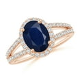 thumbnail image 1 of ANGARA Natural Oval 2 ct Blue Sapphire Split Shank Halo Ring in 14K Rose Gold for Women (Size-9x7mm) | September Birthstone, Birthday, Anniversary, Jewelry Gift for Women | Natural Blue Sapphire Ring, 1 of 8