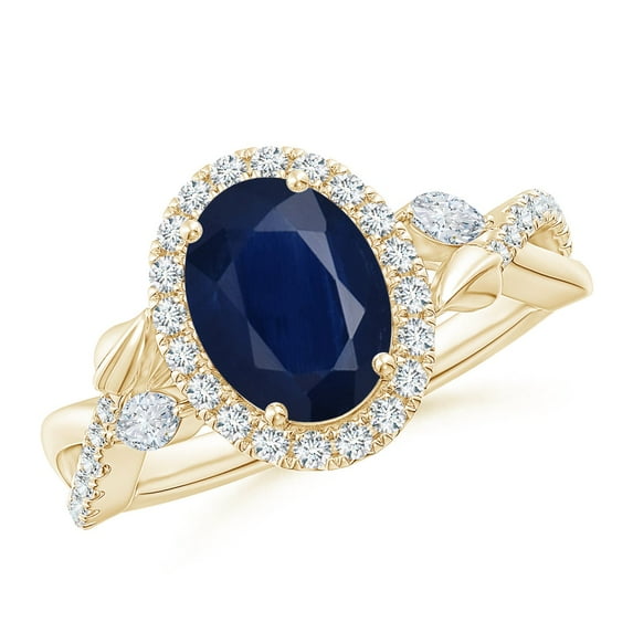 ANGARA Natural 2 Ct Oval Sapphire Twisted Vine Ring with Diamond Halo in 14K Yellow Gold for Women (Size-9x7mm) | September Birthstone, Anniversary, Jewelry Gift for Women | Natural Sapphire Ring