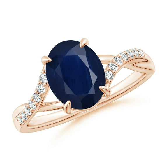 ANGARA Natural 2 ct Blue Sapphire Split Shank Ring with Diamond Accents in 14K Rose Gold for Women (Size-9x7mm) | September Birthstone, Anniversary, Jewelry Gift for Women | Natural Sapphire Ring