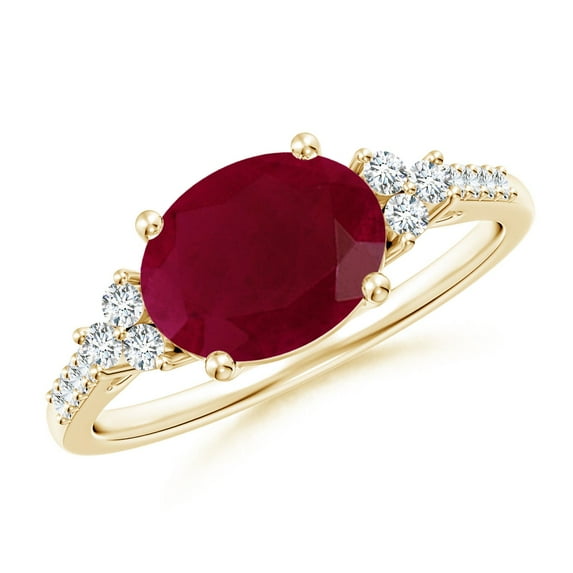 ANGARA Natural Horizontally Set 2 ct Ruby Engagement Ring with Trio Diamond Accents in 14K Yellow Gold for Women (Size-9x7mm) | July Birthstone, Anniversary Jewelry Gift for Women | Natural Ruby Ring