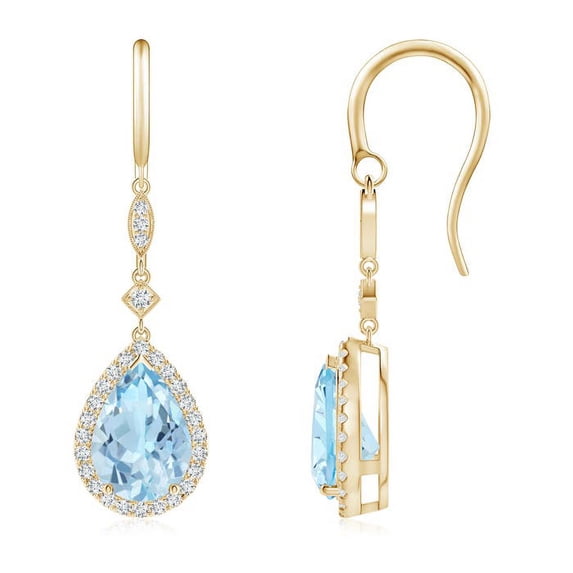ANGARA Natural 3.2 ct Aquamarine Drop Earrings with Diamond Halo in 14K Yellow Gold for Women (Size-10x7mm) | March Birthstone, Anniversary, Jewelry Gift for Women | Natural Aquamarine Earrings