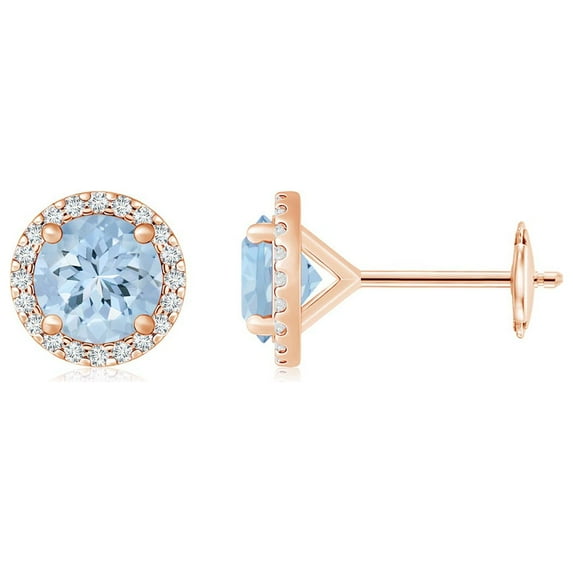 ANGARA Natural Classic 3.2 ct Aquamarine and Diamond Halo Stud Earrings in 14K Rose Gold for Women (Size-8mm) | March Birthstone, Anniversary, Jewelry Gift for Women | Natural Aquamarine Earrings