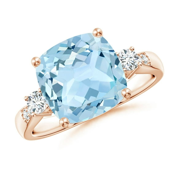 ANGARA Natural Cushion 3.5 ct Aquamarine Solitaire Ring with Diamond Accents in 14K Rose Gold for Women (Size-10mm) | March Birthstone, Anniversary, Jewelry Gift for Women | Natural Aquamarine Ring
