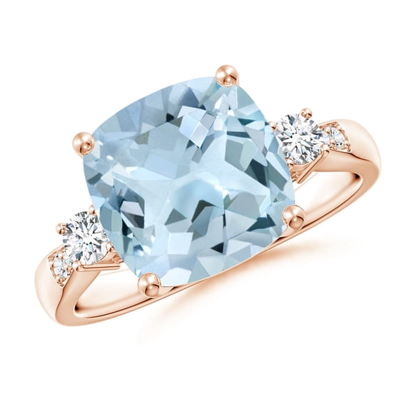 ANGARA Natural Cushion 3.5 ct Aquamarine Solitaire Ring with Diamond Accents in 14K Rose Gold for Women (Size-10mm) | March Birthstone, Anniversary, Jewelry Gift for Women | Natural Aquamarine Ring