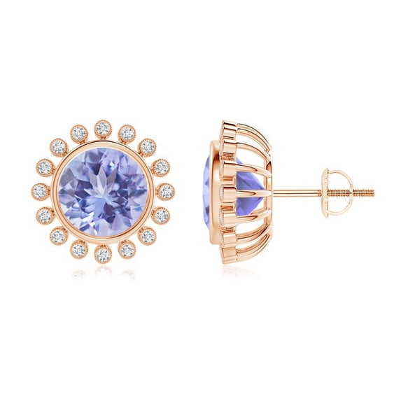 ANGARA Natural Bezel-Set 3.6 ct Tanzanite and Diamond Halo Stud Earrings in 14K Rose Gold for Women (Size-8mm) | December Birthstone, Anniversary, Jewelry Gift for Women | Natural Tanzanite Earrings