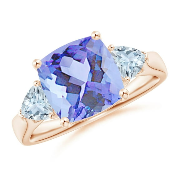 ANGARA Natural Cushion 3.8 ct Tanzanite & Trillion Aquamarine 3 Stone Ring in 14K Rose Gold for Women (Size-9mm) | December Birthstone, Anniversary, Jewelry Gift for Women | Natural Tanzanite Ring