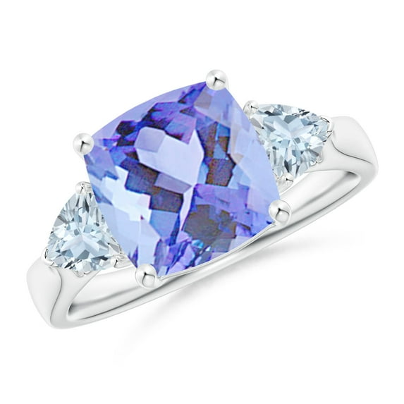 ANGARA Natural Cushion 3.8 ct Tanzanite & Trillion Aquamarine 3 Stone Ring in 14K White Gold for Women (Size-9mm) | December Birthstone, Anniversary, Jewelry Gift for Women | Natural Tanzanite Ring