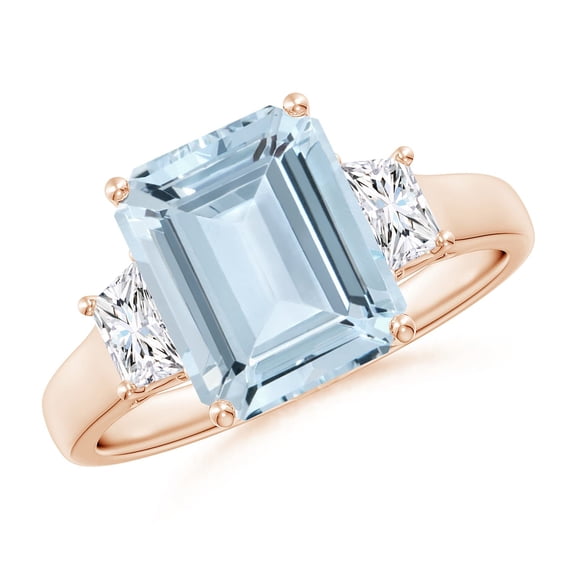 ANGARA Natural Three Stone 3 ct Aquamarine and Diamond Engagement Ring in 14K Rose Gold for Women (Size-10x8mm) | March Birthstone, Anniversary, Jewelry Gift for Women | Natural Aquamarine Ring
