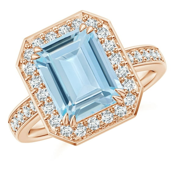 Angara Natural 3 Ct. Aquamarine with Diamond Halo Ring in 14K Rose Gold for Women (Ring Size: 11.5)