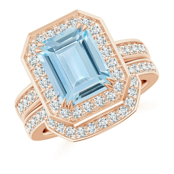 ANGARA Natural Emerald Cut 3 ct Aquamarine Bridal Ring Set with Diamond Ring in 14K Rose Gold for Women (Size-10x8mm) | March Birthstone, Anniversary, Jewelry Gift for Women | Natural Aquamarine Ring